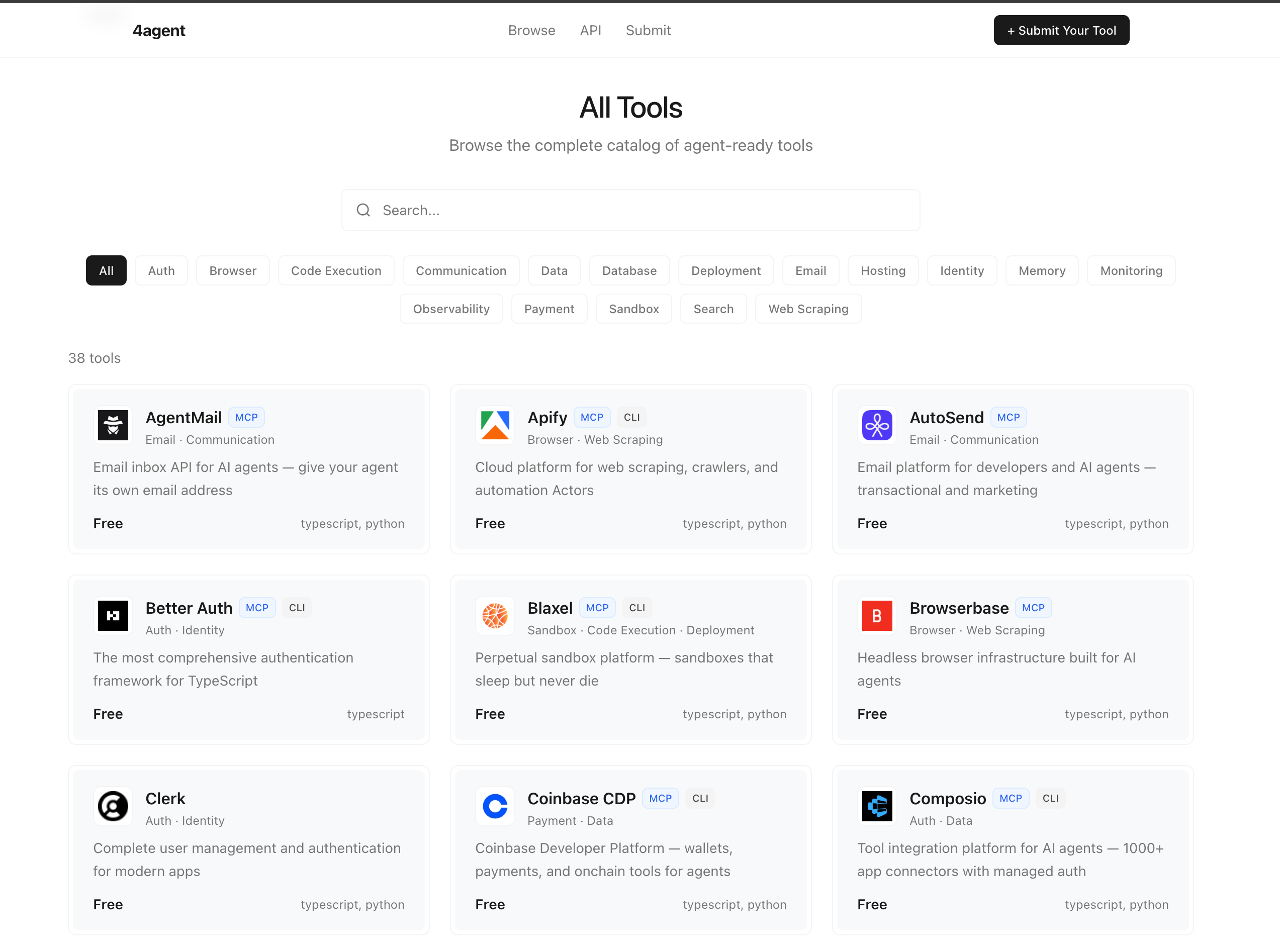 AI tools directory showcasing AI agent tools, APIs, and automation platforms