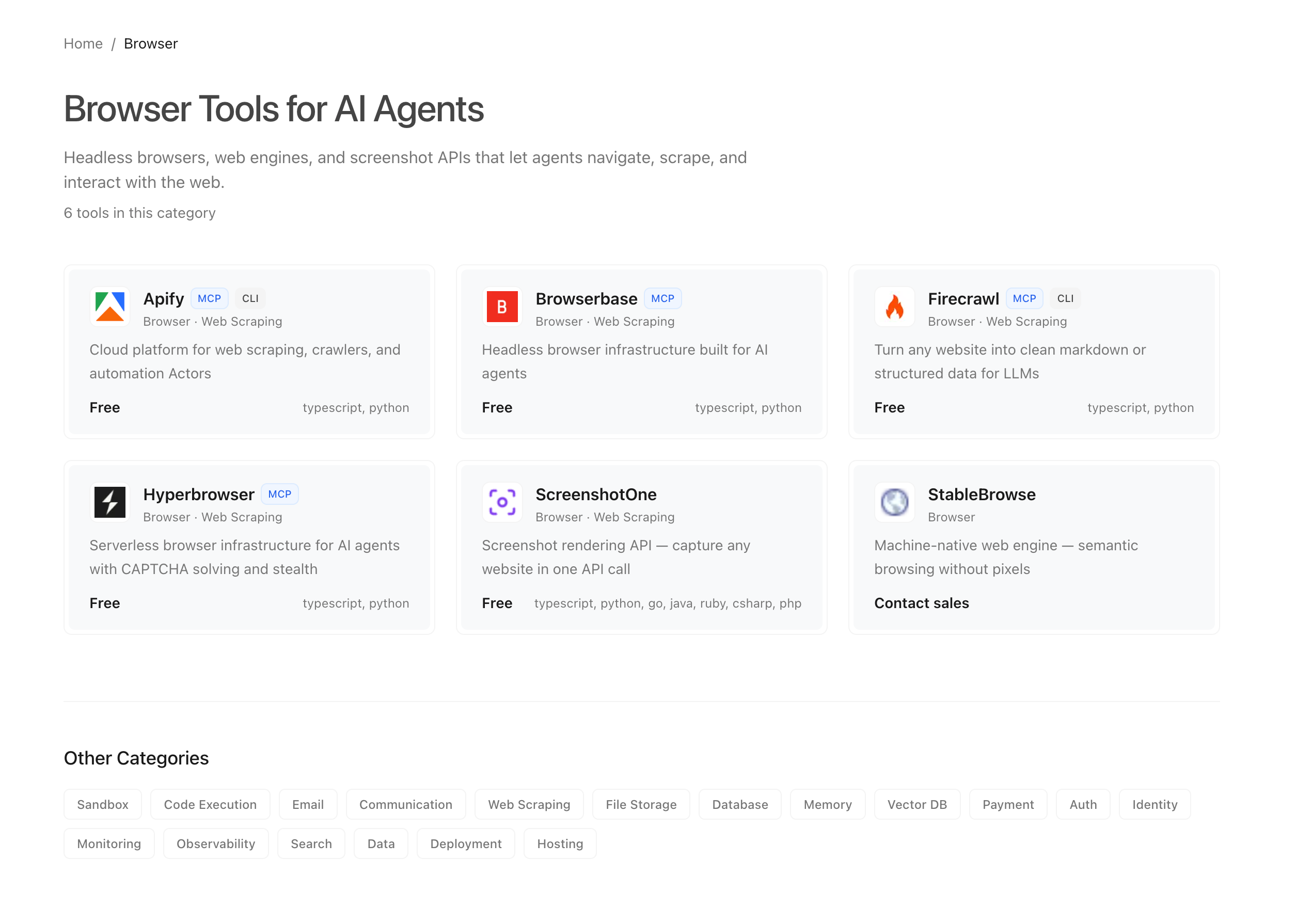 AI tools directory showcasing AI agent tools, APIs, and automation platforms