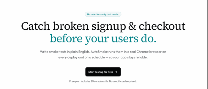 AI-powered automated testing frameworks platform verifying website user flows with AutoSmoke