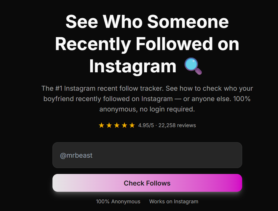 Instagram follower tracker tool showing recent follow activity and follower insights without login on RecentFollowed platform