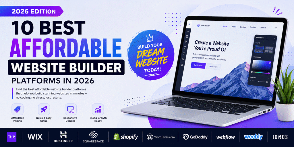 Affordable website builder platforms in 2026 displayed in a modern banner featuring AI website creation tools, budget friendly website builder solutions, responsive web design, and low cost website builder platforms for startups and businesses.