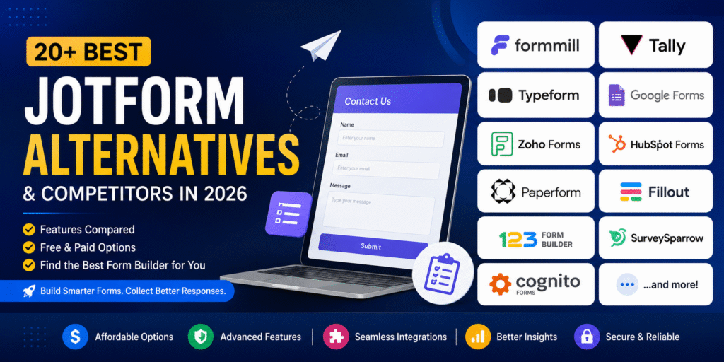 Modern digital banner showcasing “20 Best Jotform Alternative in 2026” with popular form builder tools like FormMill, Tally, Typeform, Google Forms, Zoho Forms, and others displayed alongside a laptop form UI design.
