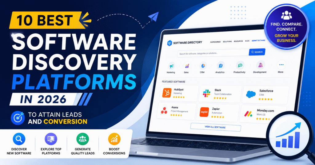 Software discovery platform banner showcasing the best software platforms in 2026 to help businesses discover new software, generate leads, and boost conversions.