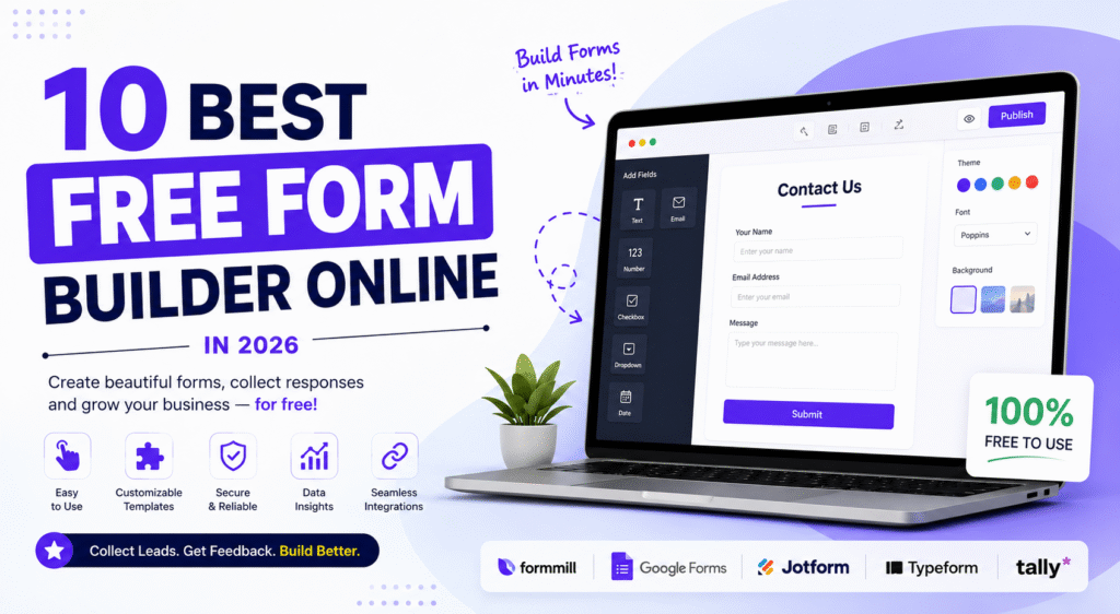 Best free form builder online comparison banner featuring Formmill, Google Forms, Jotform, Typeform, and Tally with a modern online form builder & form creator dashboard displayed on a laptop screen, highlighting free form builder for website creation, customizable templates, secure data collection, and business form automation in 2026.