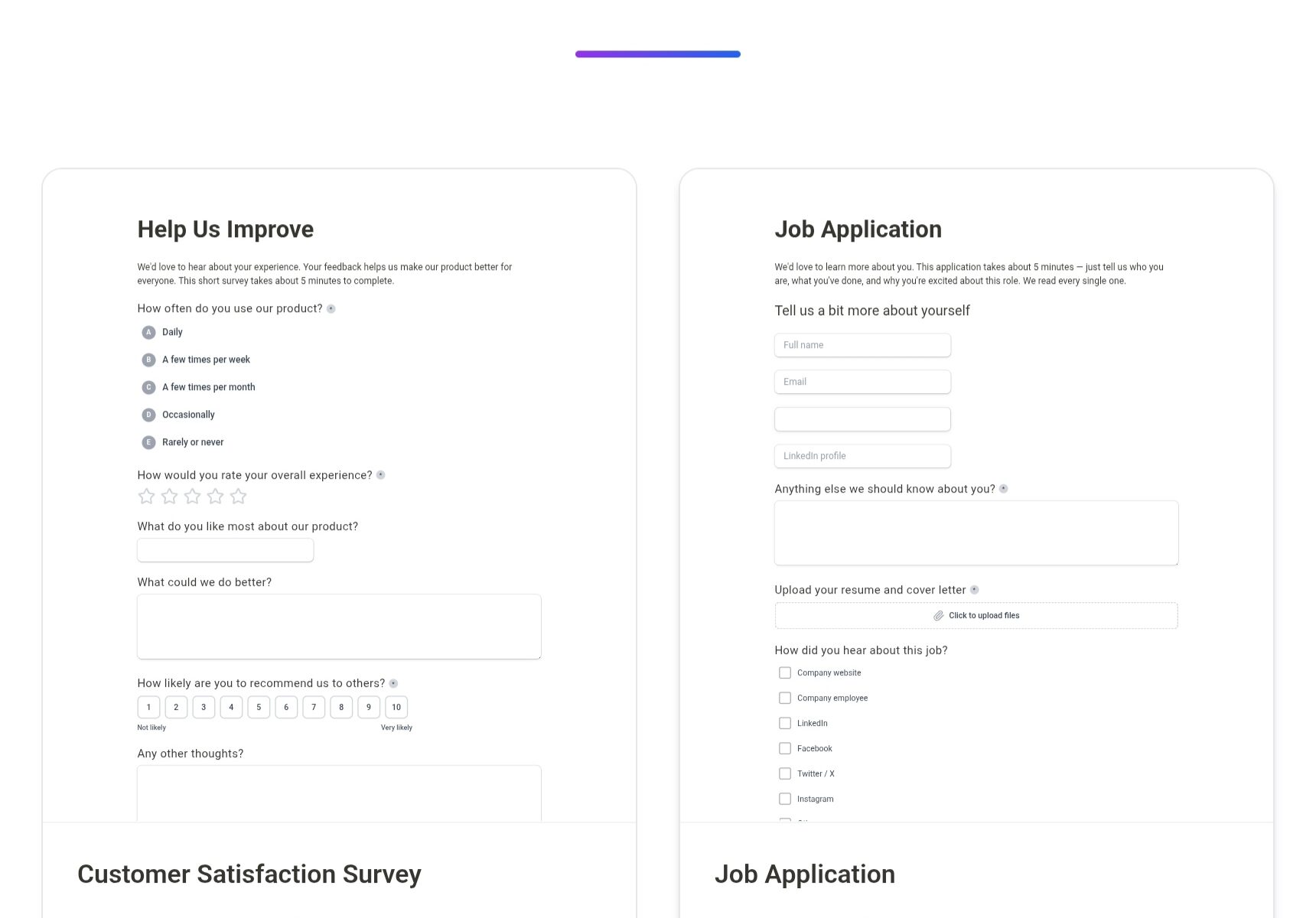 free unlimited online form builder dashboard with AI-powered form creation, customizable templates, and modern Notion-style interface