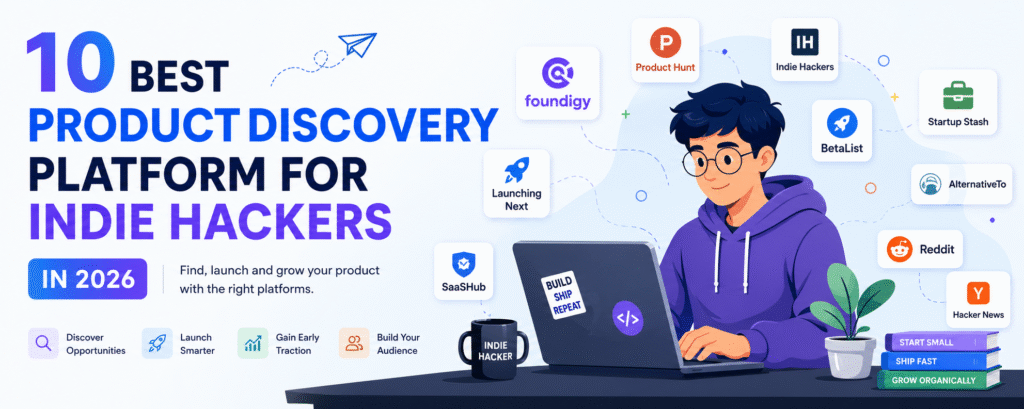 10 best product discovery platform for indie hackers in 2026 banner showcasing top tools to launch and grow startups