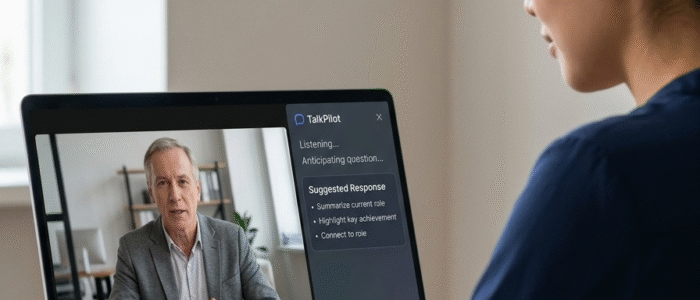 AI communication coach helping users improve real-time thinking and performance in high-pressure conversations like interviews and sales calls using TalkPilot platform