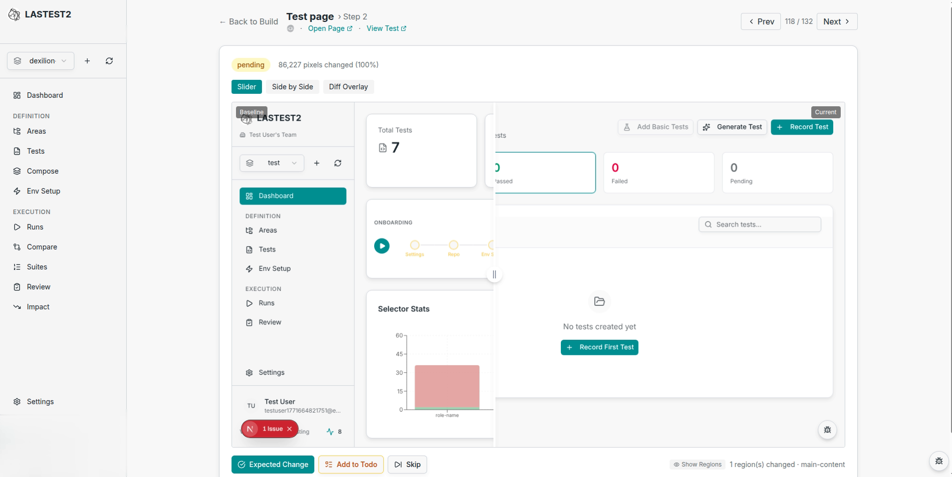AI-powered visual regression testing dashboard showing automated UI screenshot comparison, Playwright-based testing workflows, and frontend bug detection for modern web applications using a free visual regression testing tool