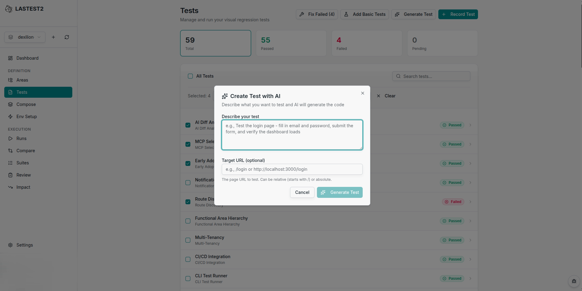 AI-powered visual regression testing dashboard showing automated UI screenshot comparison, Playwright-based testing workflows, and frontend bug detection for modern web applications using a free visual regression testing tool