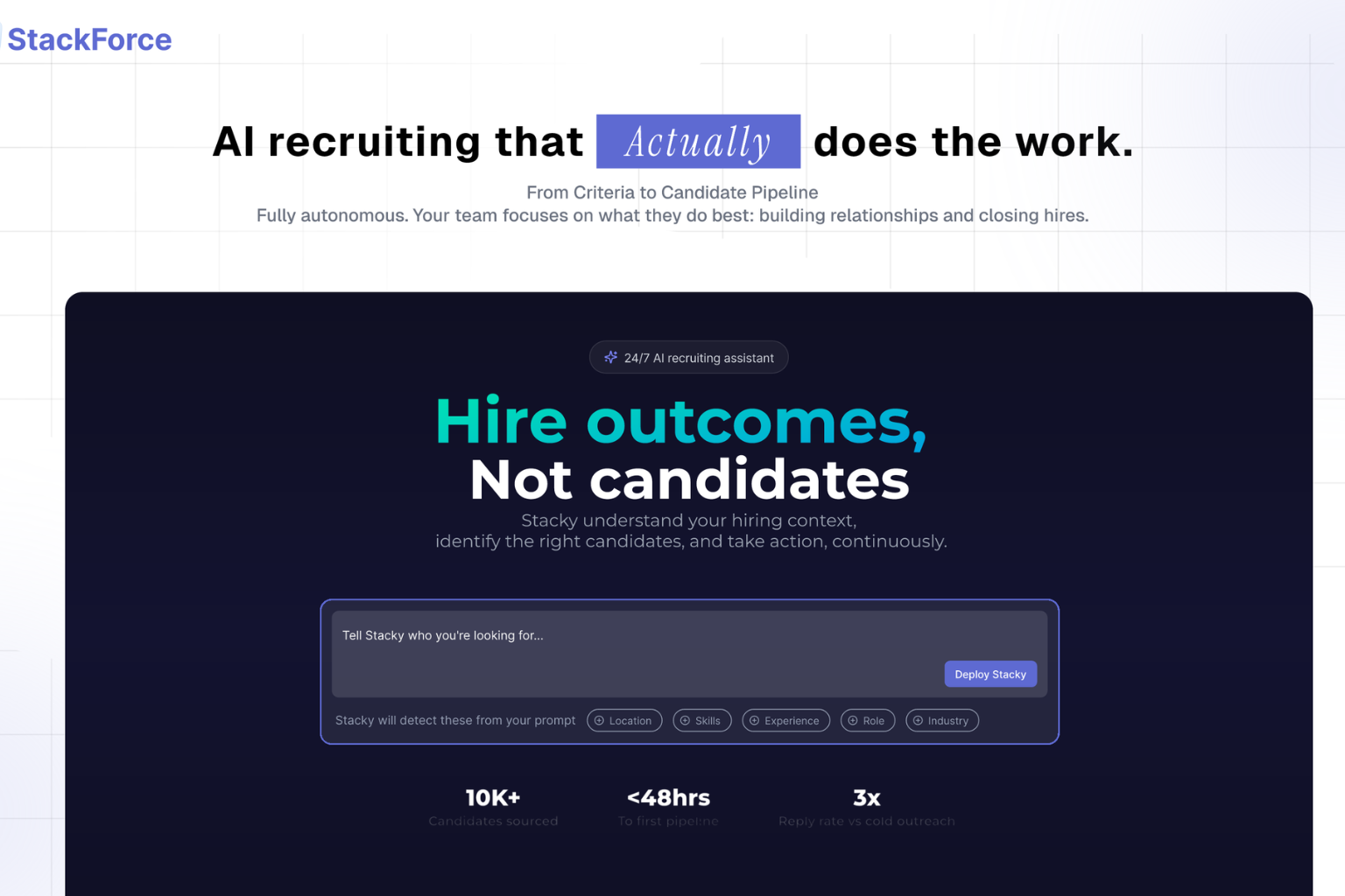 Stackforce AI recruiting software platform featuring AI-powered candidate sourcing, automated outreach, recruitment workflow automation, and intelligent hiring management dashboard