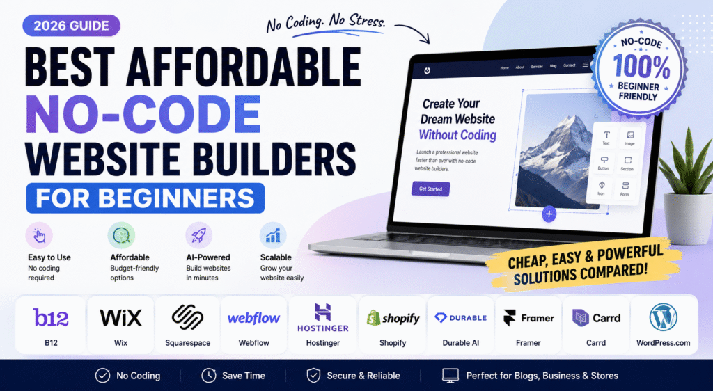 Comparison of the best affordable no-code website builders for beginners in 2026, showing AI-powered, drag-and-drop, and beginner-friendly platforms for building websites without coding.