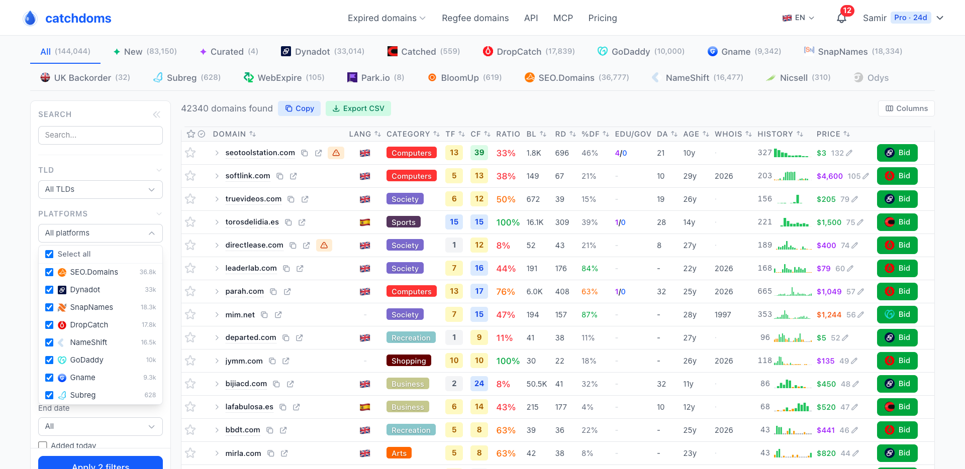 CatchDoms expired domain finder helping users buy expired domains with SEO metrics, backlinks, referring domains, domain age, and Wayback history from 16 marketplaces.