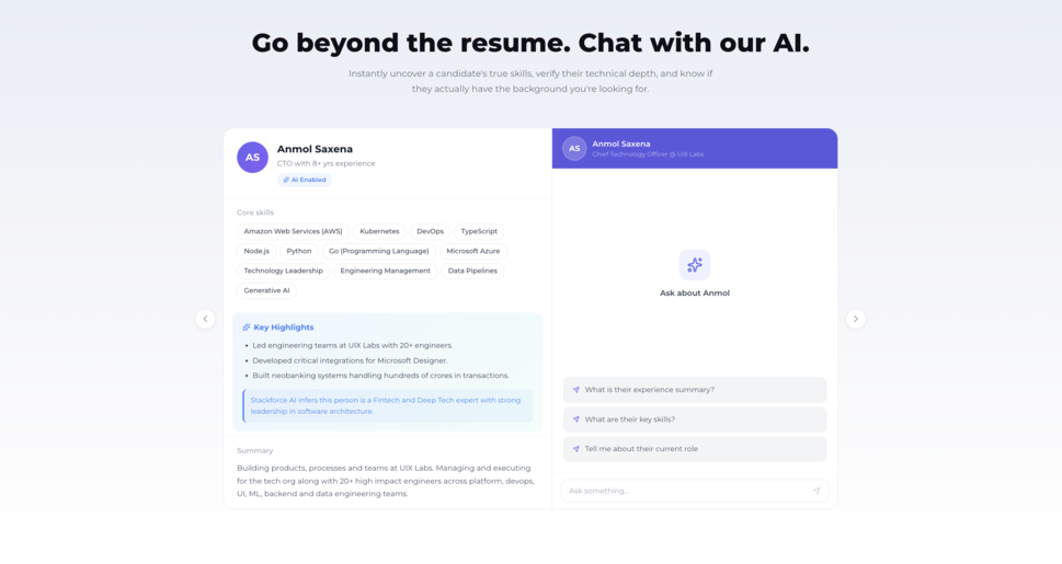 Stackforce AI recruiting software platform featuring AI-powered candidate sourcing, automated outreach, recruitment workflow automation, and intelligent hiring management dashboard