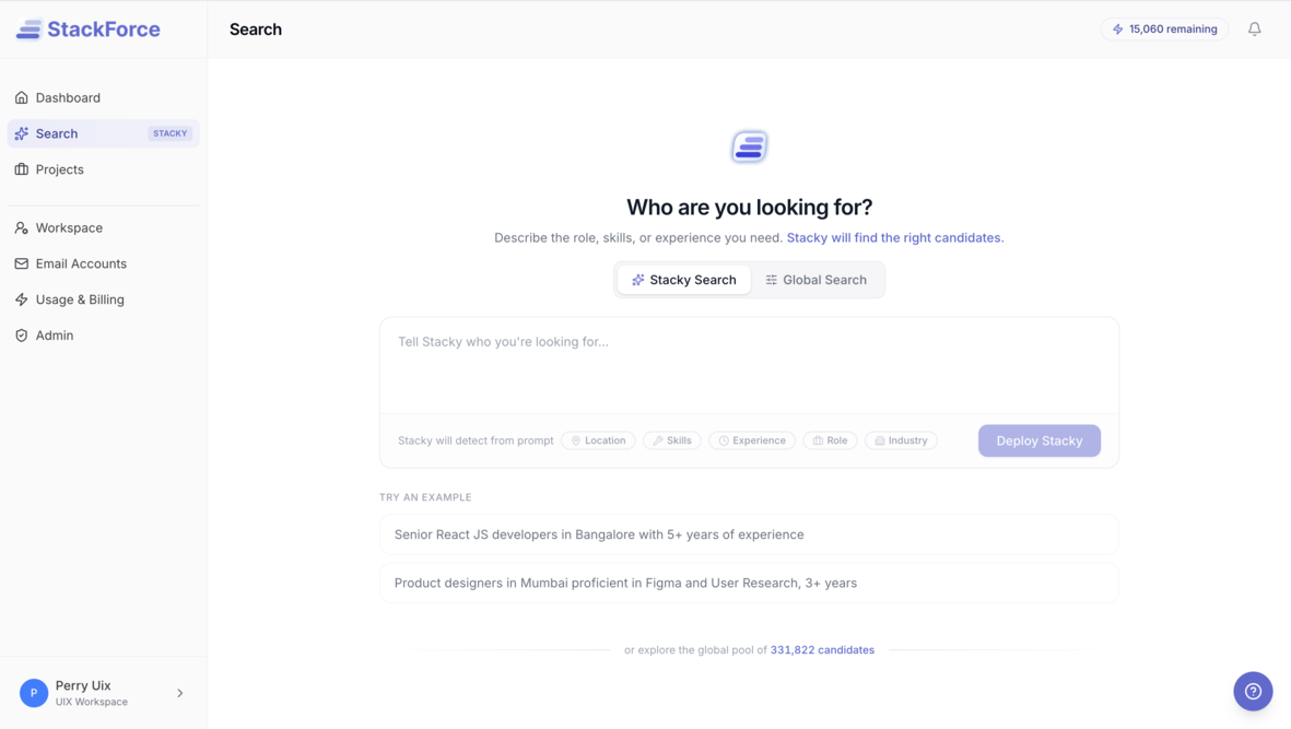 Stackforce AI recruiting software platform featuring AI-powered candidate sourcing, automated outreach, recruitment workflow automation, and intelligent hiring management dashboard