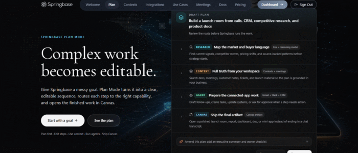 Springbase AI workflow automation platform that turns business goals into finished work using AI agents, workflows, and company knowledge