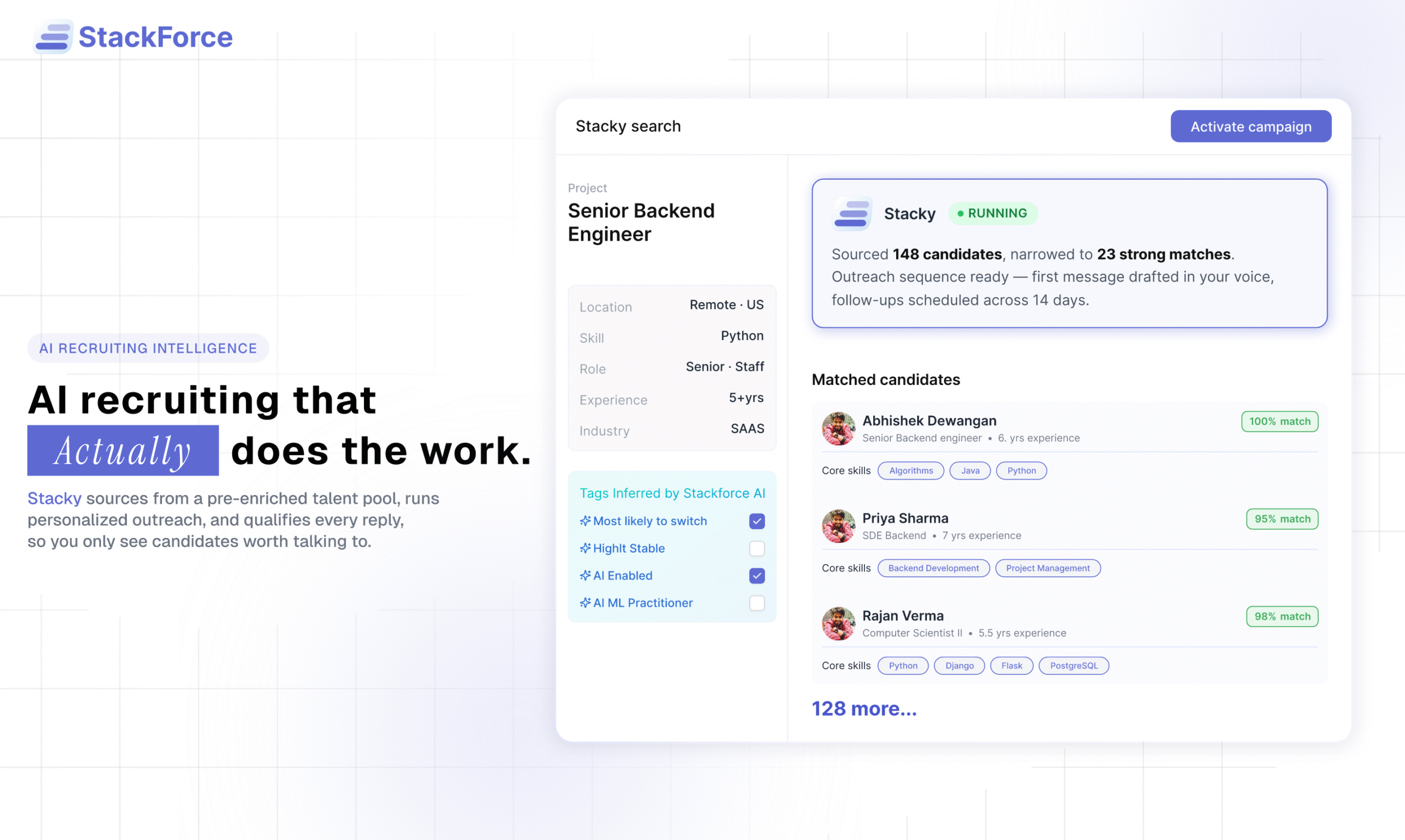 Stackforce AI recruiting software platform featuring AI-powered candidate sourcing, automated outreach, recruitment workflow automation, and intelligent hiring management dashboard