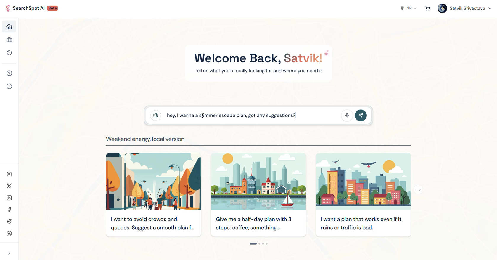 AI trip planner platform SearchSpot.ai showing smart itinerary builder with flights, hotels, restaurants, and collaborative group planning features.