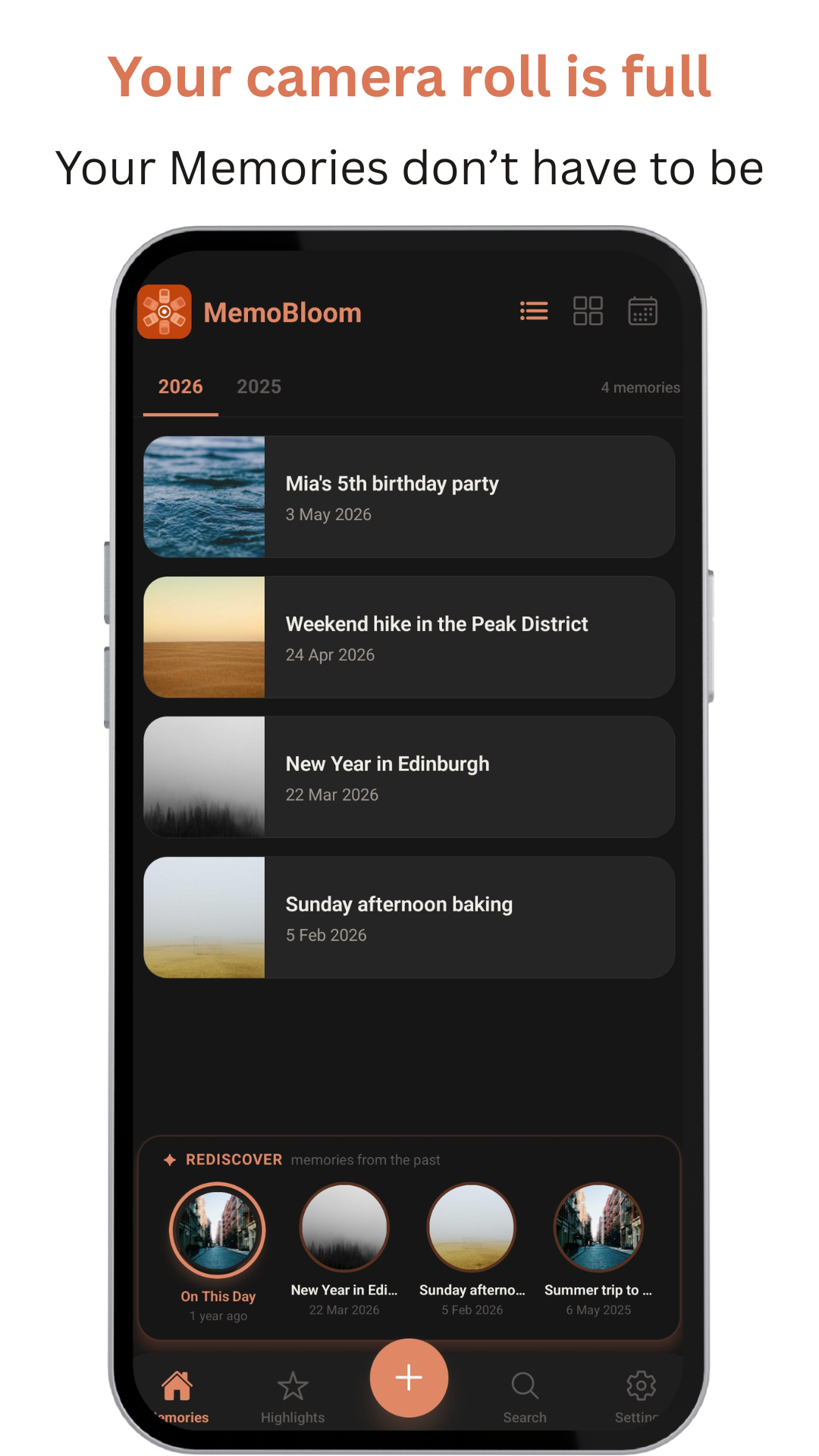 MemoBloom AI video diary app interface showing photo memories transformed into animated, searchable memory stories on Apple and Android devices.