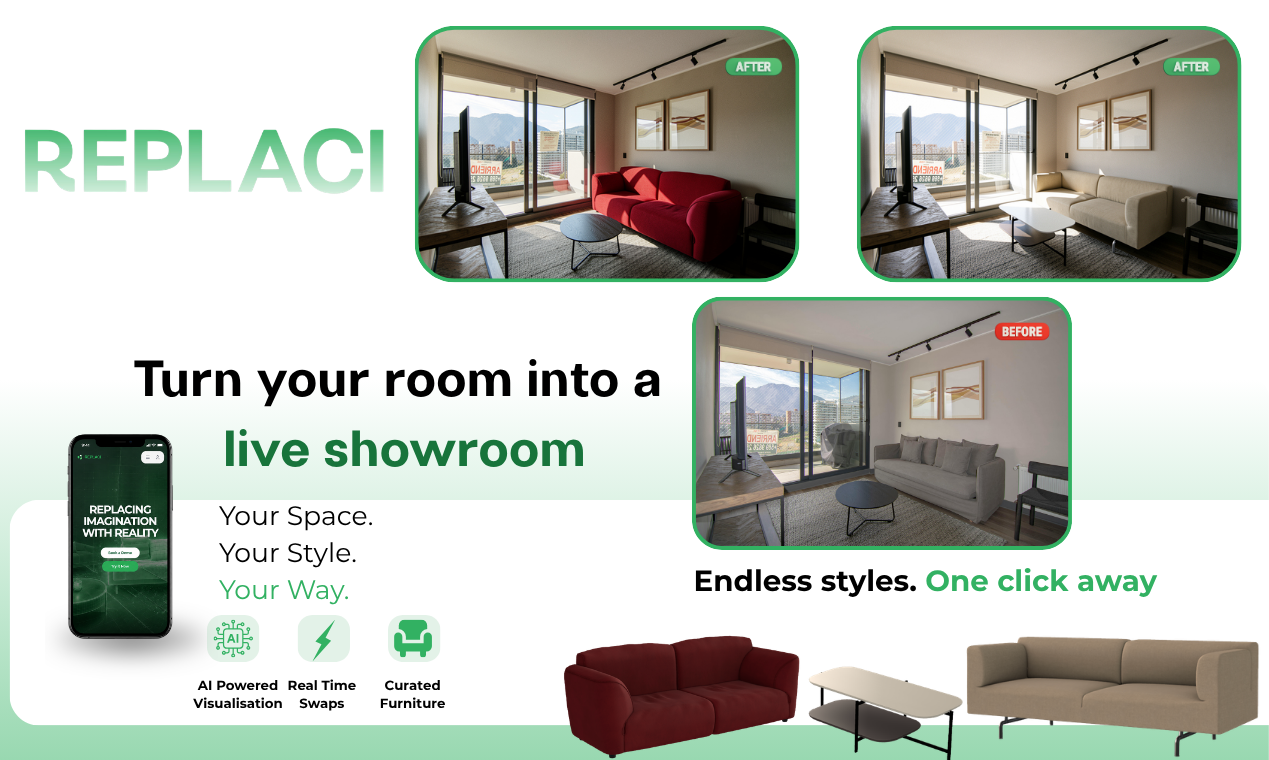 REPLACI furniture visualization software and AI furniture placement tool for creating realistic 3D room visualization and interior designs.