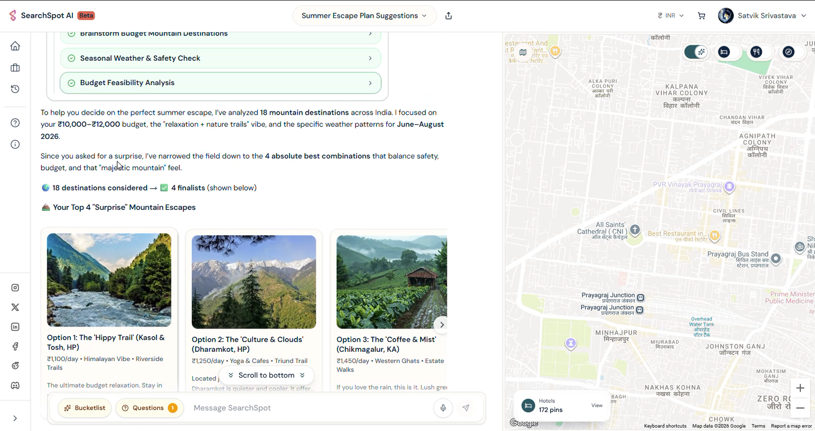 AI trip planner platform SearchSpot.ai showing smart itinerary builder with flights, hotels, restaurants, and collaborative group planning features.