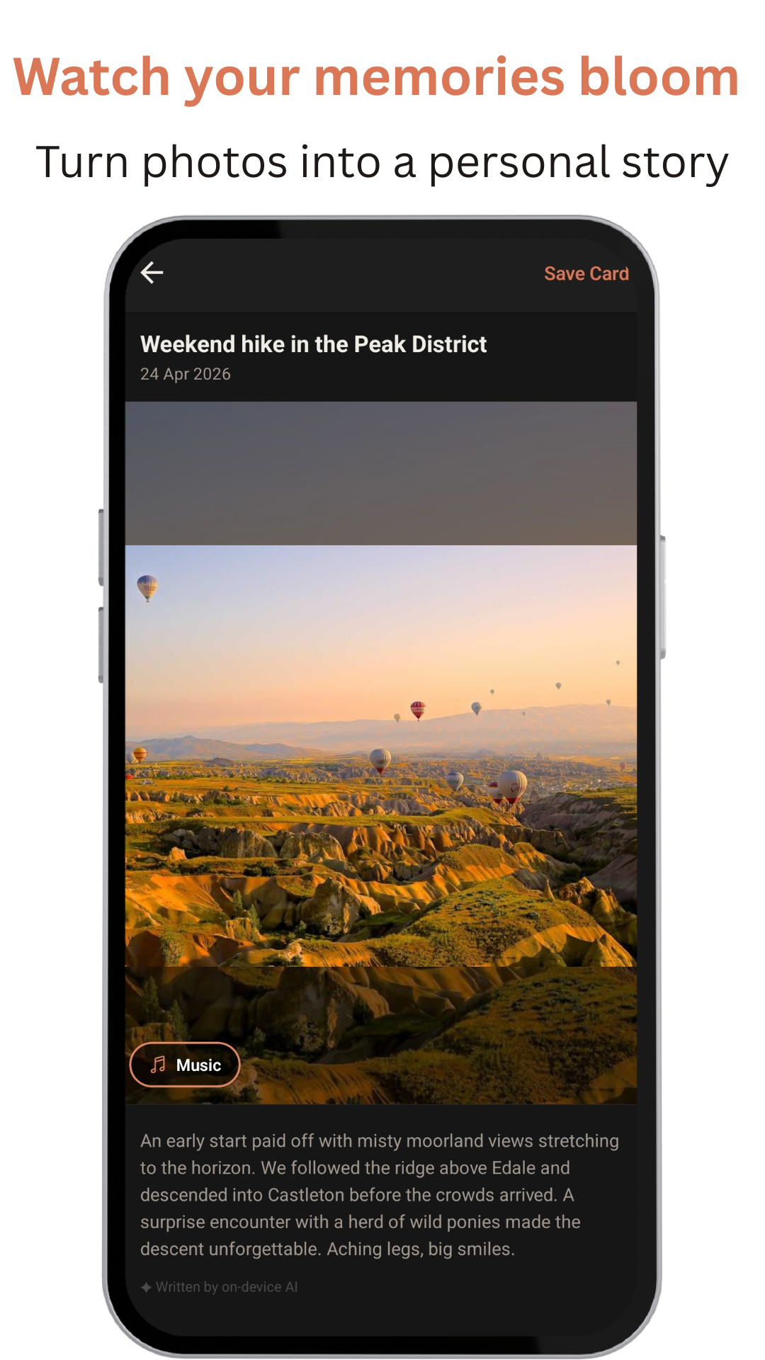 MemoBloom AI video diary app interface showing photo memories transformed into animated, searchable memory stories on Apple and Android devices.
