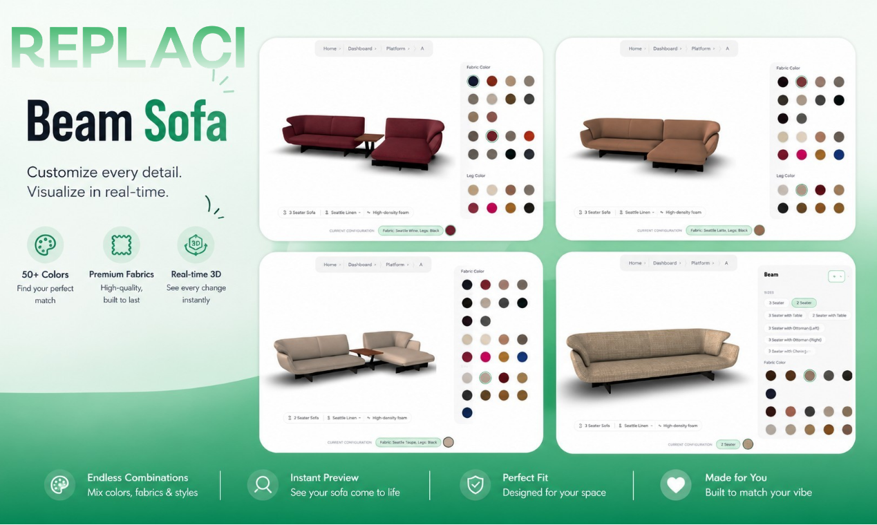 REPLACI furniture visualization software and AI furniture placement tool for creating realistic 3D room visualization and interior designs.