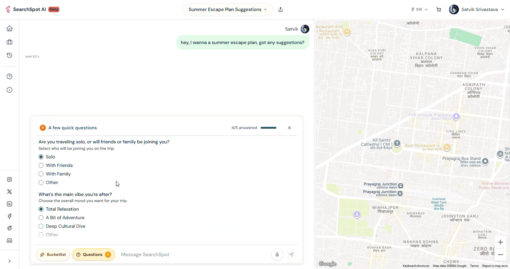 AI trip planner platform SearchSpot.ai showing smart itinerary builder with flights, hotels, restaurants, and collaborative group planning features.
