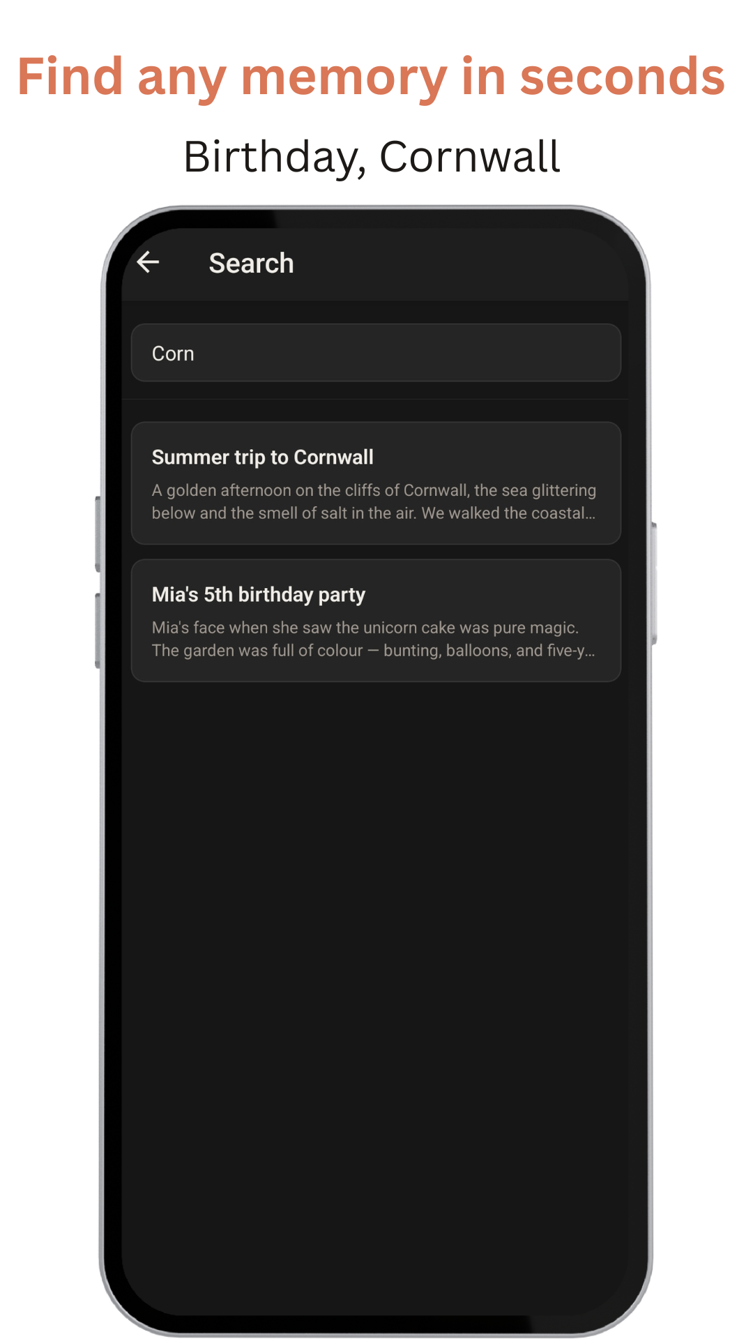 MemoBloom AI video diary app interface showing photo memories transformed into animated, searchable memory stories on Apple and Android devices.