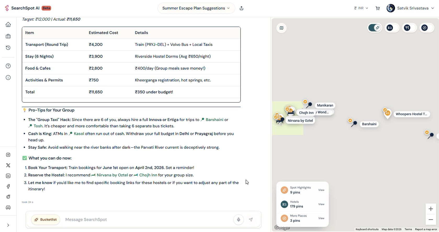 AI trip planner platform SearchSpot.ai showing smart itinerary builder with flights, hotels, restaurants, and collaborative group planning features.