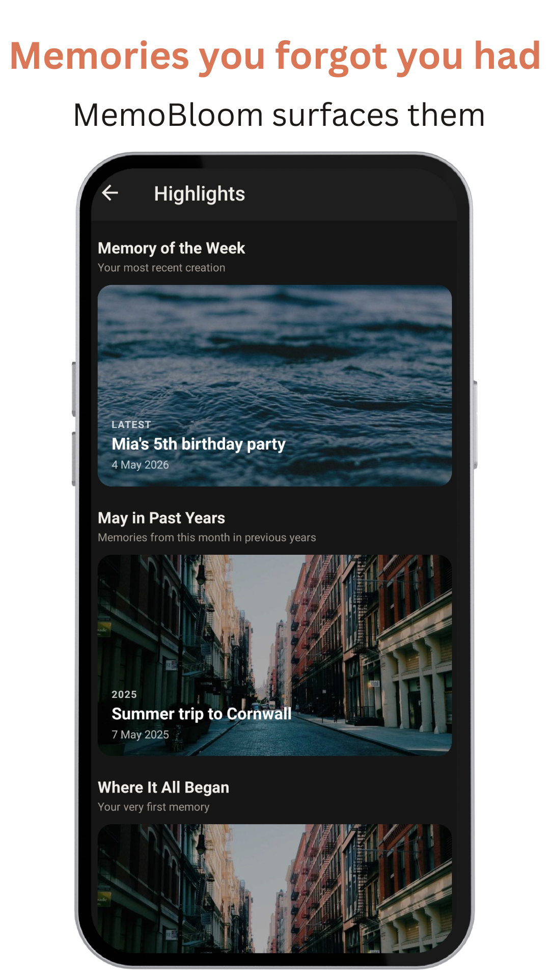 MemoBloom AI video diary app interface showing photo memories transformed into animated, searchable memory stories on Apple and Android devices.