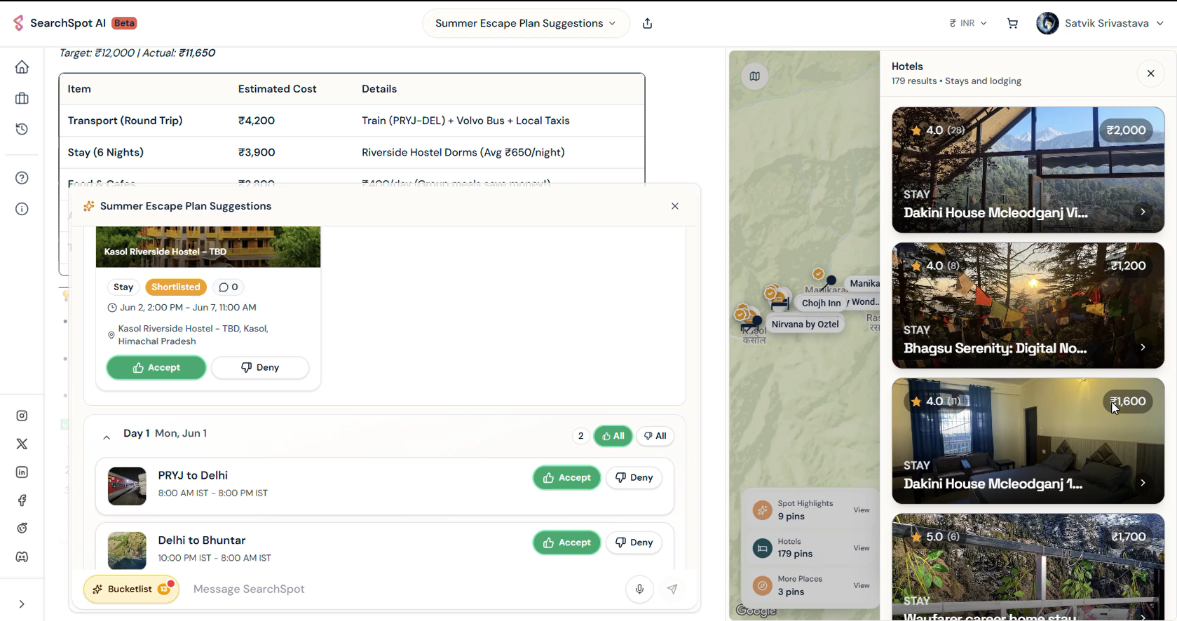 AI trip planner platform SearchSpot.ai showing smart itinerary builder with flights, hotels, restaurants, and collaborative group planning features.