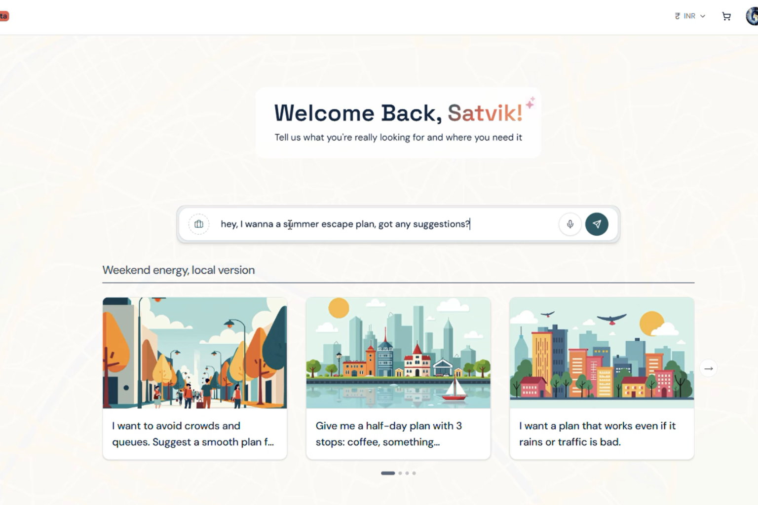 AI trip planner platform SearchSpot.ai showing smart itinerary builder with flights, hotels, restaurants, and collaborative group planning features.