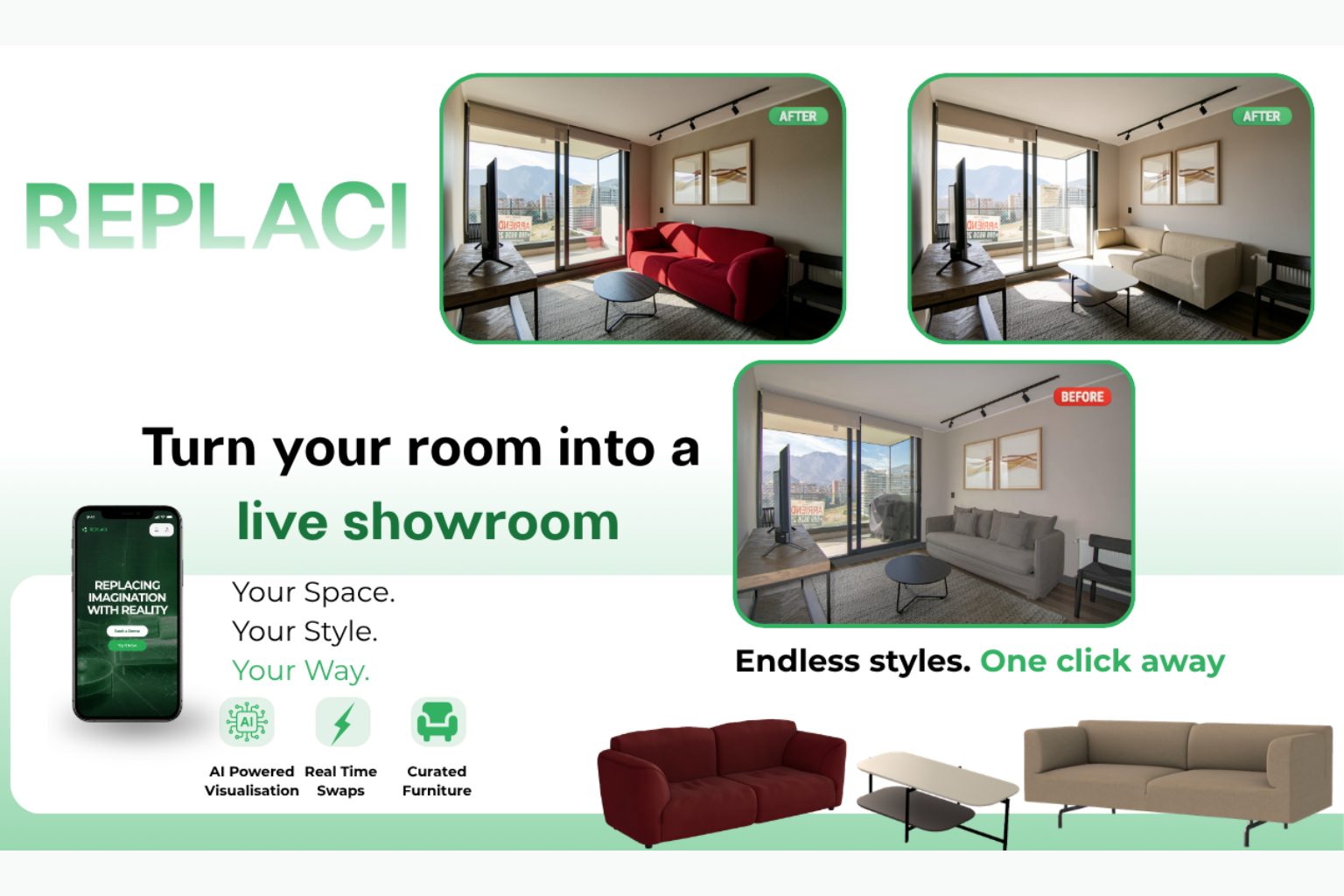 REPLACI furniture visualization software and AI furniture placement tool for creating realistic 3D room visualization and interior designs.