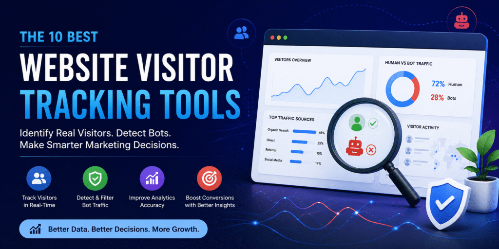 Illustration of the 10 best website visitor tracking tools for website analytics, bot detection, human vs bot traffic analysis, and website visitor tracking in 2026.