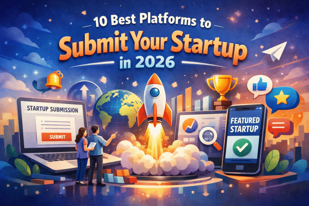 Banner for 10 best platforms to submit your startup in 2026, featuring startup discovery websites, SEO-optimized startup listings, and online startup submission options
