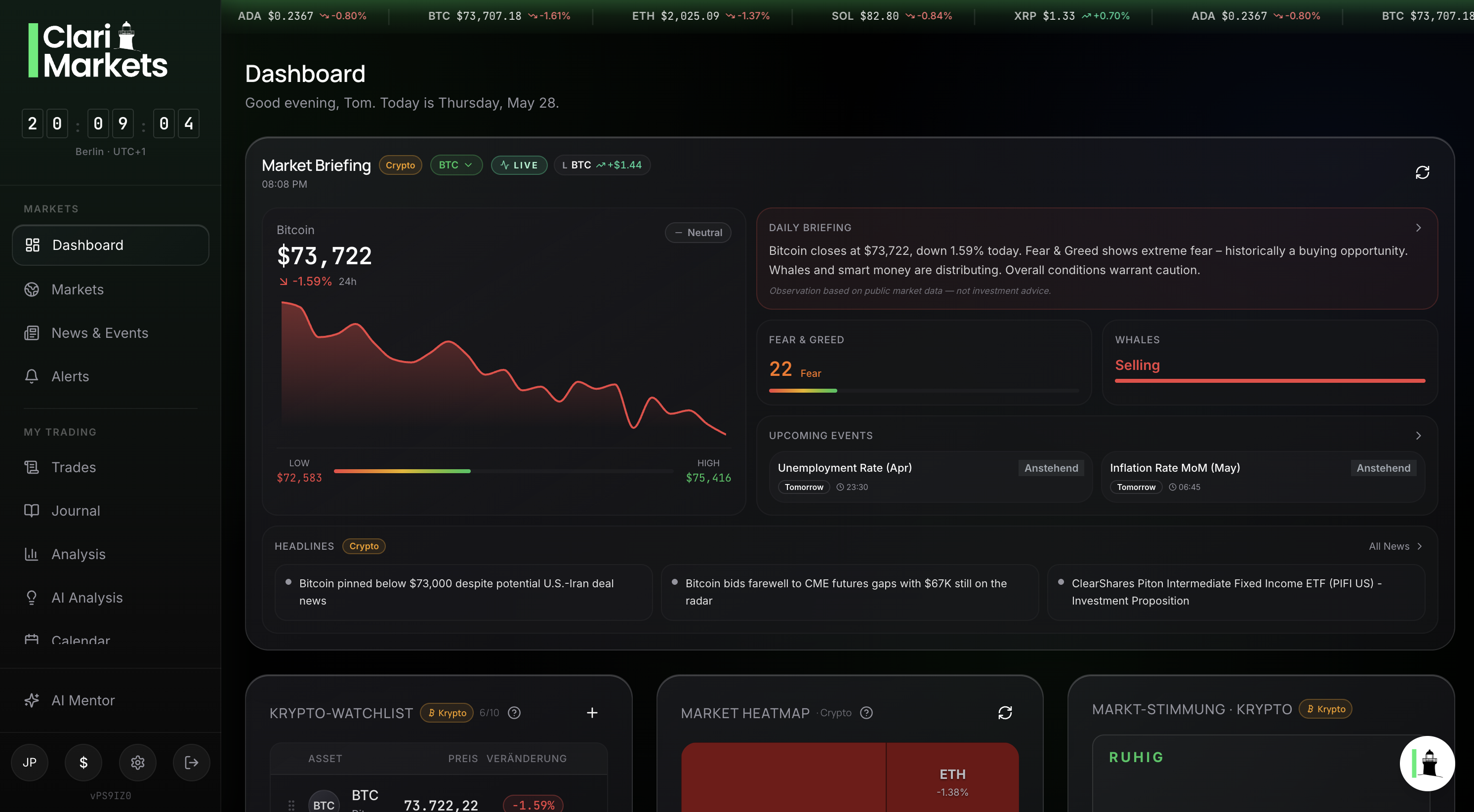AI trading journal dashboard in ClariMarkets showing live portfolio tracking, AI trading assistant insights, trading analytics, and performance metrics for smarter trading decisions.