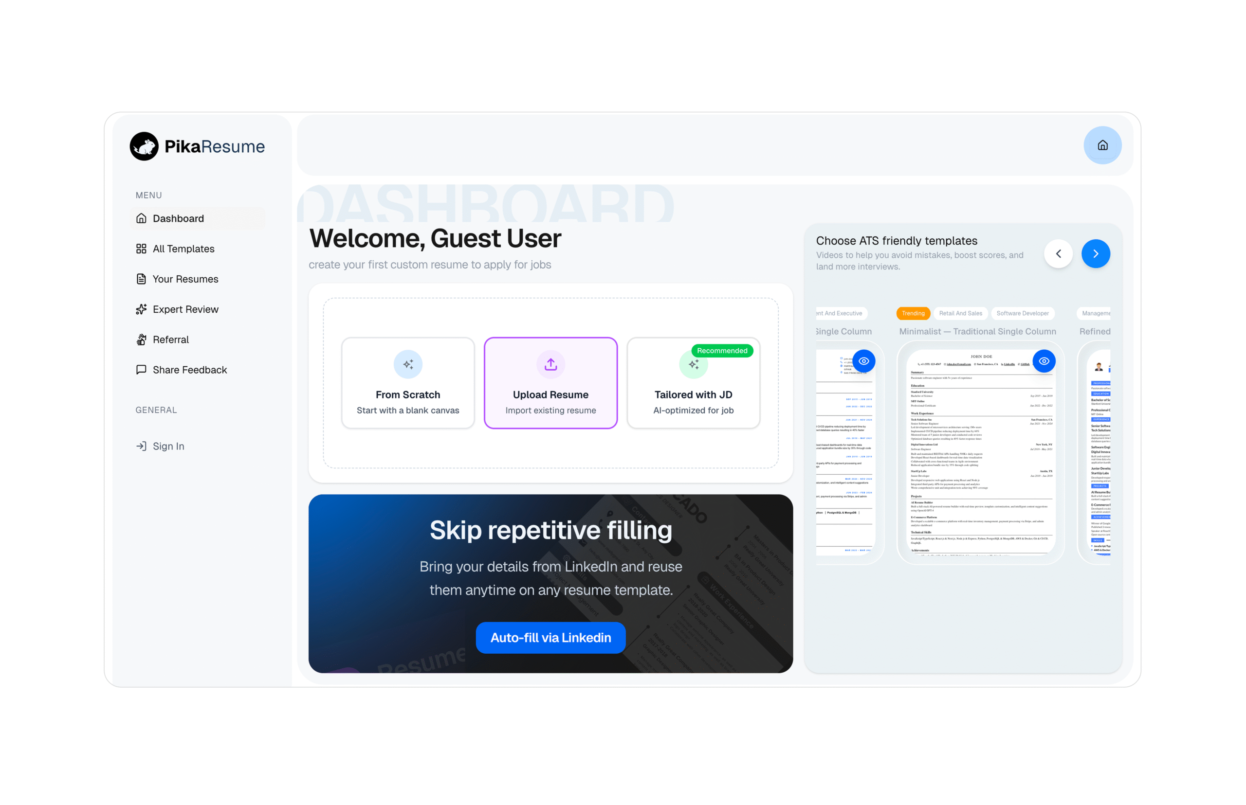 AI-powered LinkedIn resume builder with ATS resume optimization, resume score checker, resume PDF editor, and job description-based resume tailoring