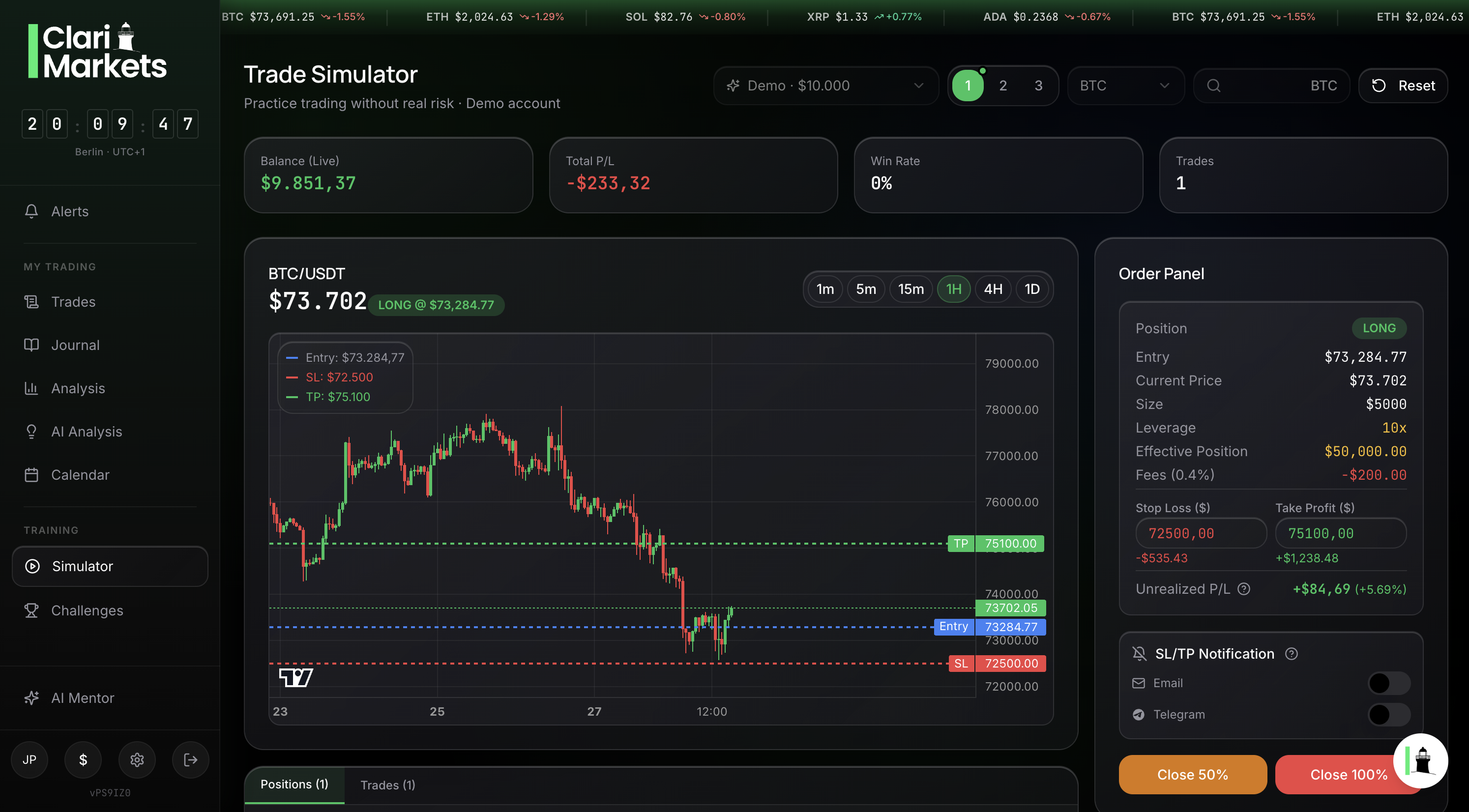 AI trading journal dashboard in ClariMarkets showing live portfolio tracking, AI trading assistant insights, trading analytics, and performance metrics for smarter trading decisions.