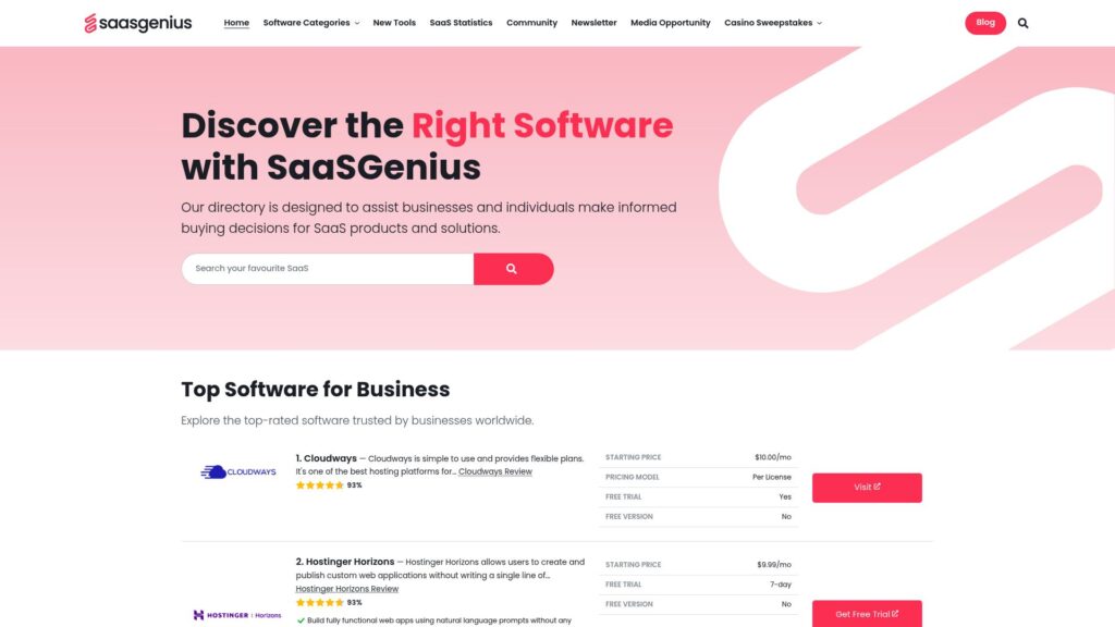 SaaS Genius homepage – submit your SaaS for product discovery and online visibility