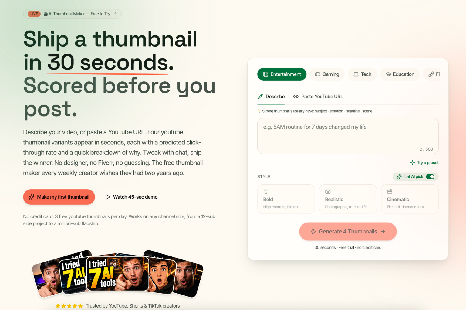 Free AI YouTube Thumbnail Maker – ThumbnailMake AI thumbnail generator for YouTube creators