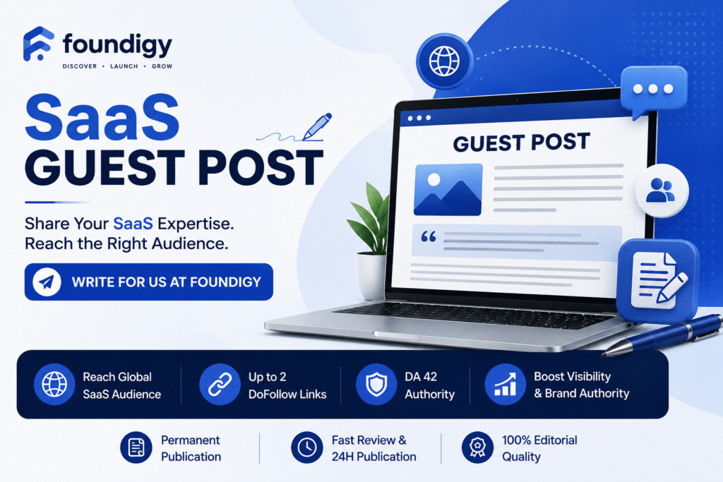 SaaS guest post illustration showing Foundigy's Write for Us program with editorial publishing, dofollow backlinks, permanent publication, and global audience for SaaS companies.