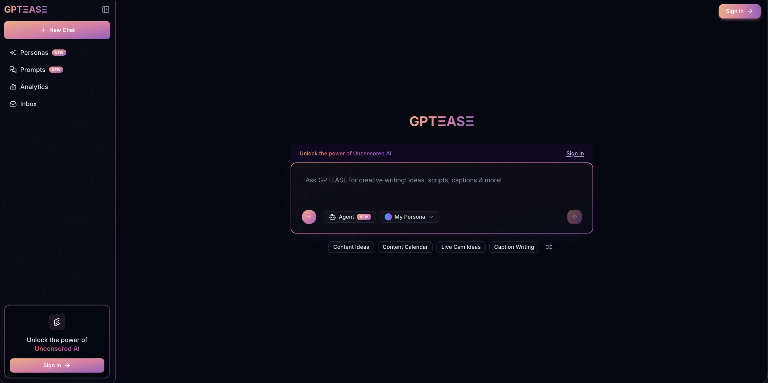 GPTease CRM for OnlyFans creators dashboard featuring AI-powered fan messaging, chat automation, unified inbox, and creator management tools.