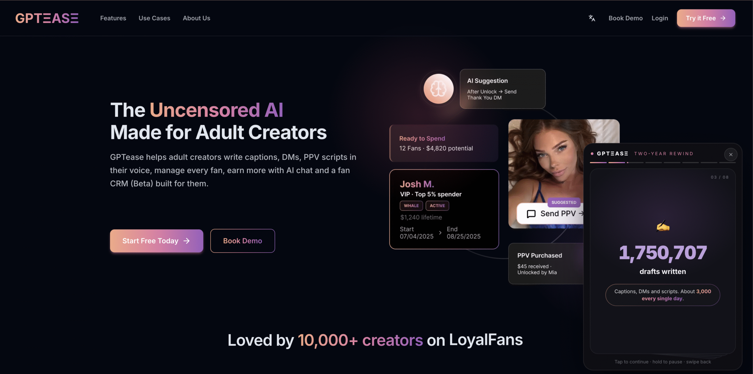 GPTease CRM for OnlyFans creators dashboard featuring AI-powered fan messaging, chat automation, unified inbox, and creator management tools.