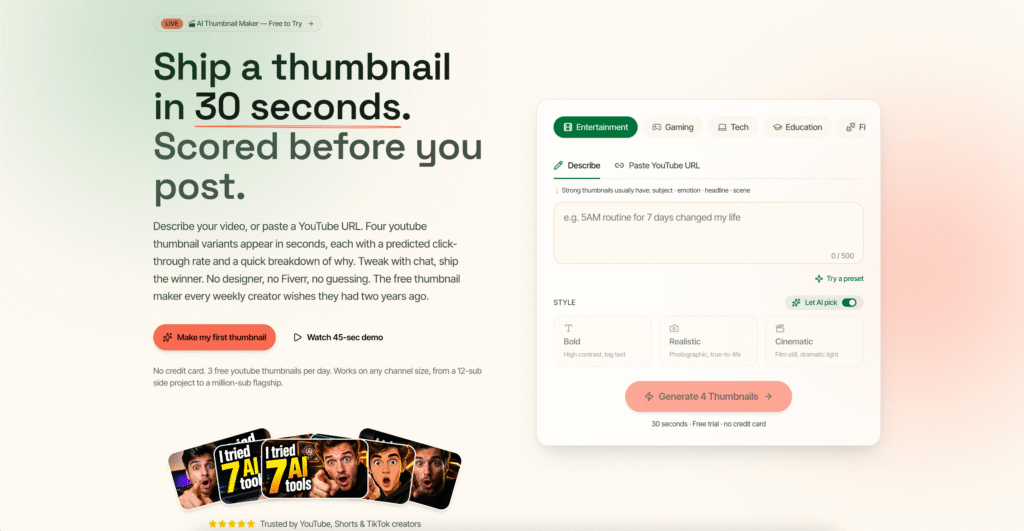 Free AI YouTube Thumbnail Maker – ThumbnailMake AI thumbnail generator for YouTube creators