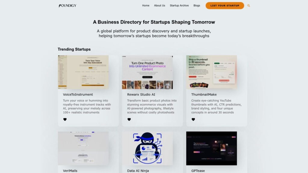 Foundigy homepage – Launching Next alternative for startup discovery