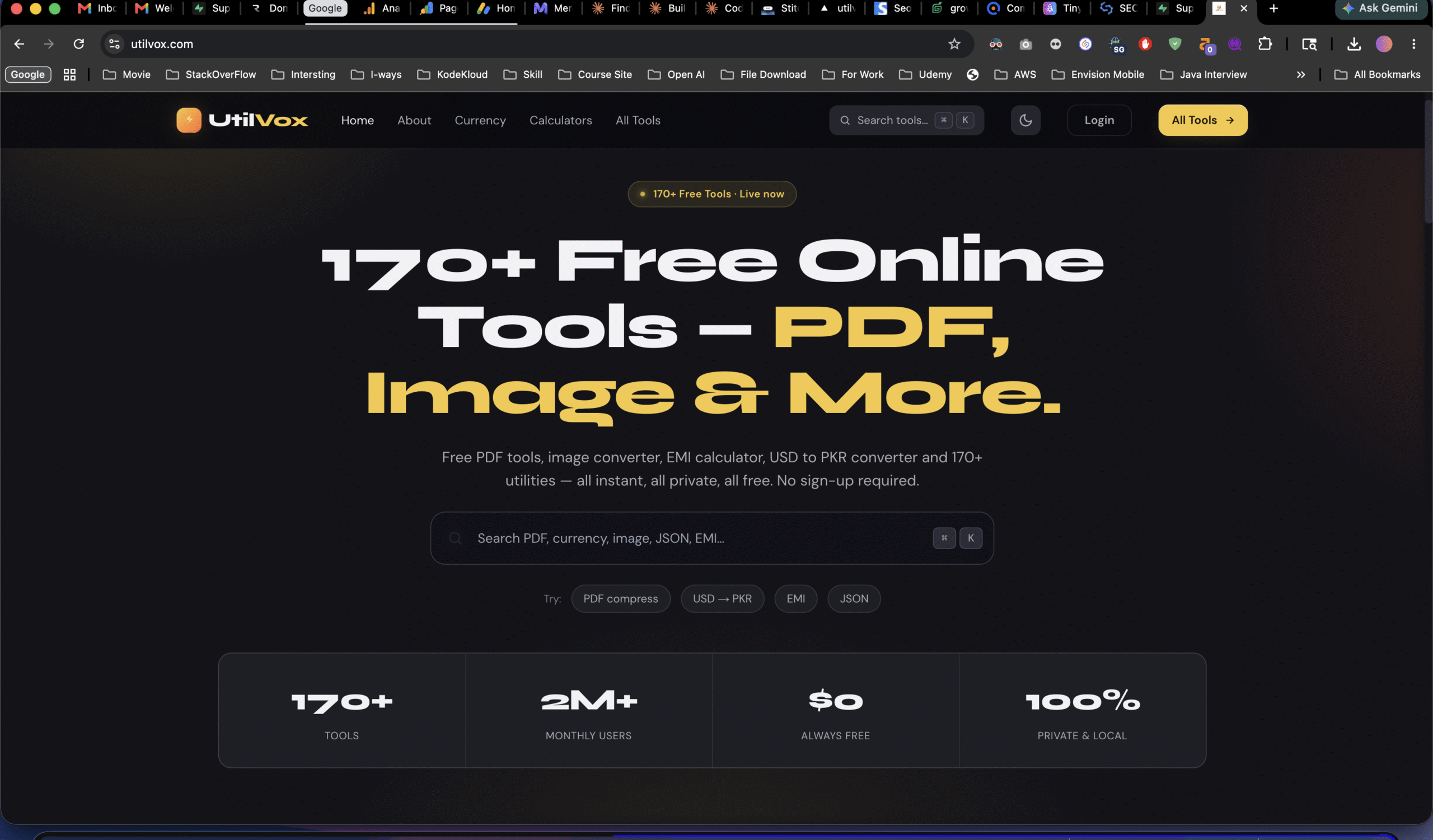 UtilVox homepage featuring 170+ free online tools
