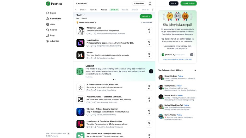 Uneed alternatives: Peerlist Launchpad product launch platform