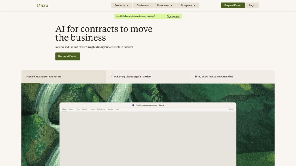 Ivo homepage showing AI contract review software with playbooks and contract workflows