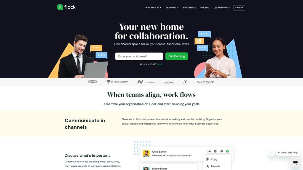 Flock homepage showing team messaging and productivity tools, a Zoho Cliq alternative