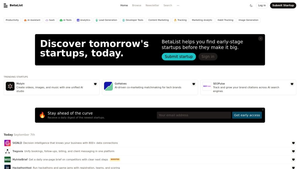 Uneed alternatives: BetaList startup discovery platform homepage